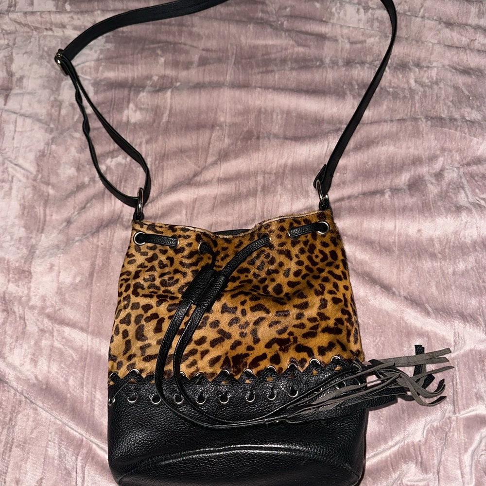 Vintage Brown and Black Crossbody Bag with Leopard Print